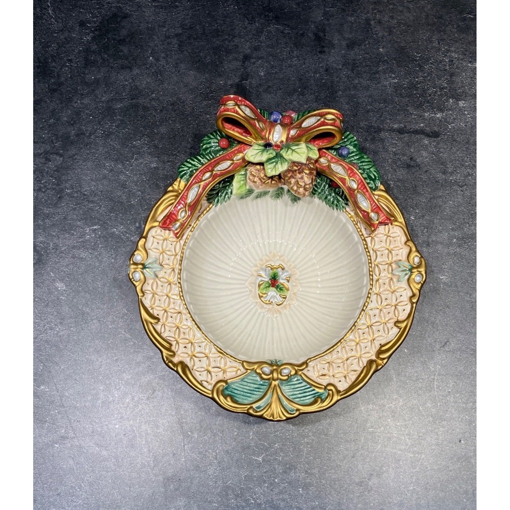Fitz & Floyd Christmas Candy Dish Gold Bow Pinecone Ceramic Bowl